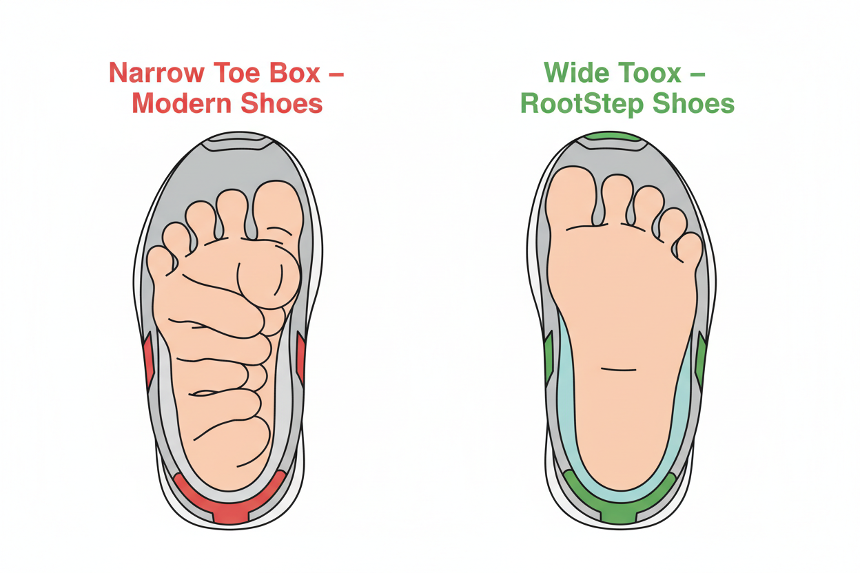 put white background, and put some animation make the toes move up and down like the first down cant fit in the shoe, and the my rootstep shoes fit perfectly , make the modern shoes tight, like they can´t feet , and my rootstep shoes wide, and that they fit perfectly, and elimitate the "promoting foot health & natural alignment at the end